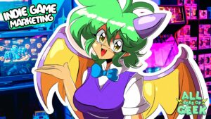 Illustration of a green-haired, bat-like character with vibrant yellow and purple wings, wearing a purple vest and blue bow tie, standing in front of retro arcade games and merchandise. The text 'Indie Game Marketing' is displayed prominently, with the All Ages of Geek logo in the bottom right corner, emphasizing the focus on indie game marketing and partnership.