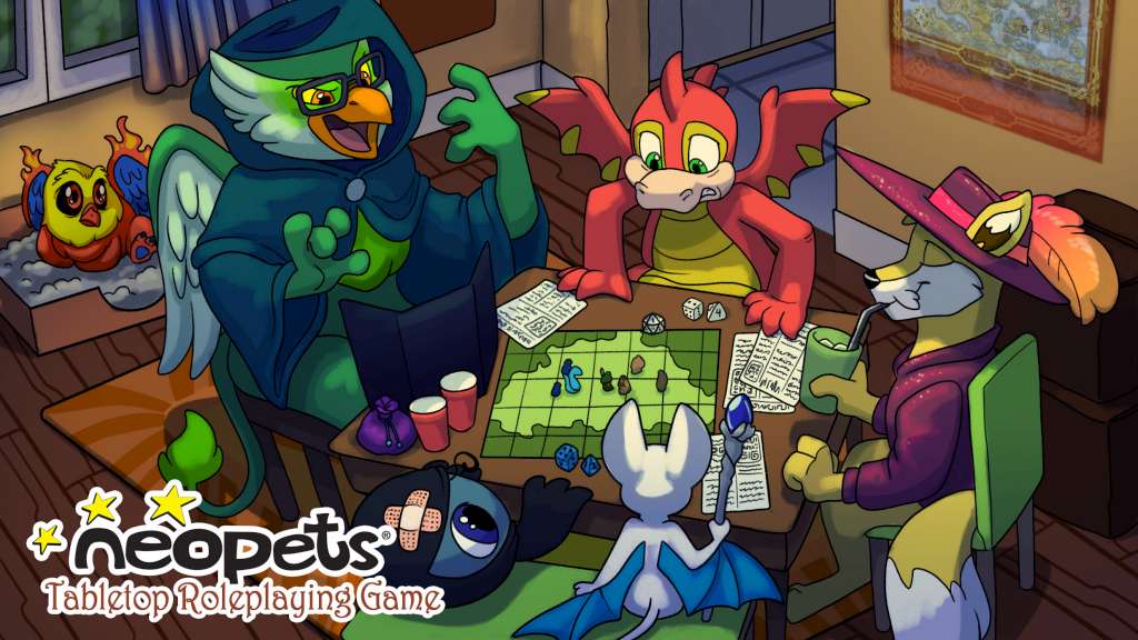 Colorful illustration featuring Neopets characters playing a tabletop roleplaying game. The scene includes a green robed character acting as the game master, a red dragon, a fox in a purple hat, and other Neopets engaging in the game around a table with maps, dice, and character sheets. The Neopets logo and the text 'Tabletop Roleplaying Game' are displayed at the bottom. From the Neopets TTRPG.