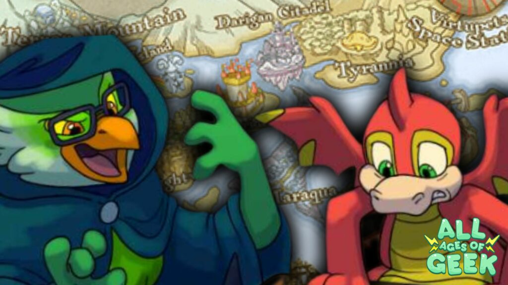 Illustration featuring two Neopets characters, a green bird in a hooded cloak and a red dragon, with a detailed fantasy map of Neopia in the background. The characters are engaging in an animated discussion. The All Ages of Geek logo is displayed in the bottom right corner, emphasizing the connection to nostalgic adventures and TTRPG content.