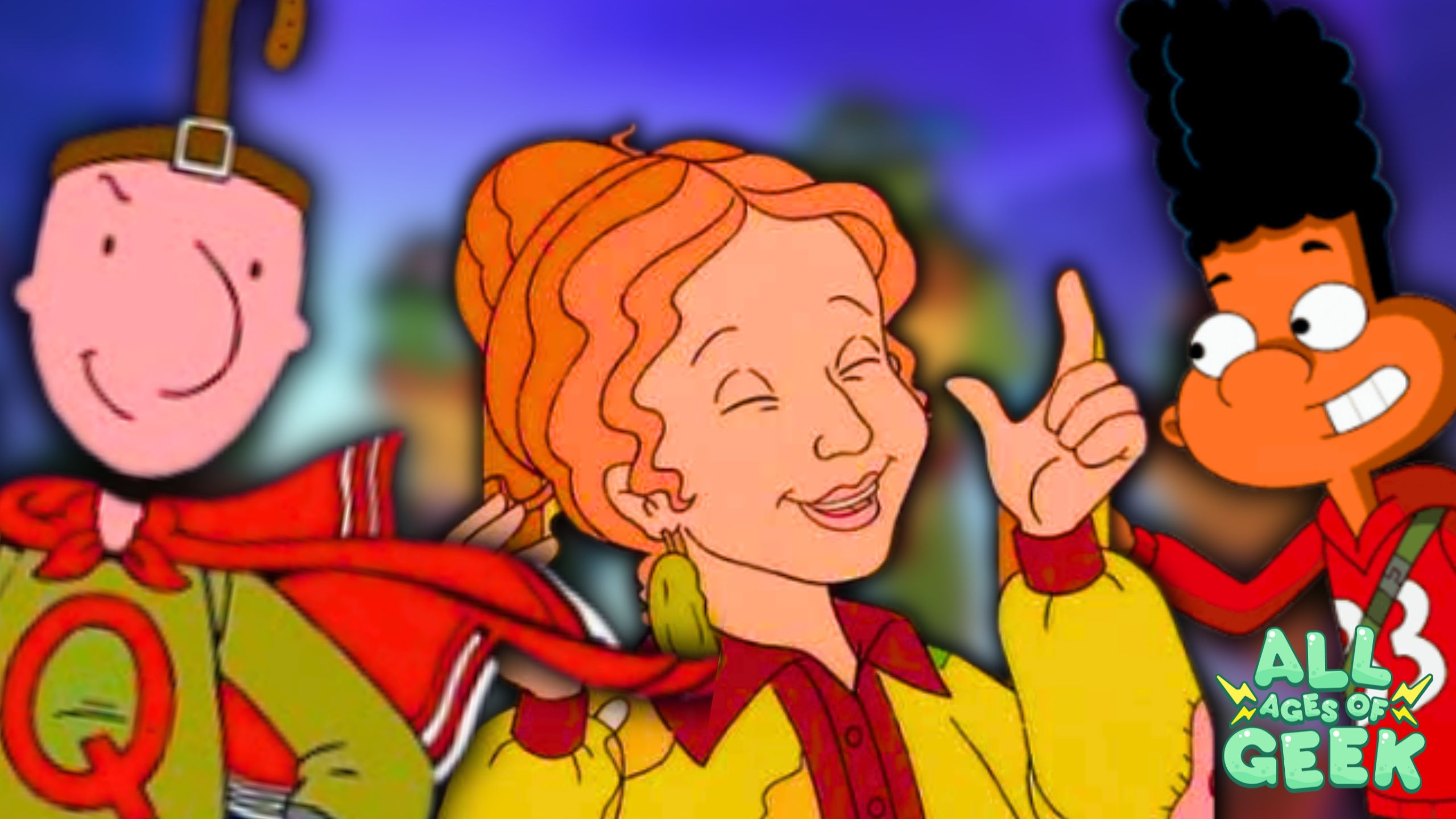 An animated scene featuring characters from different 90s cartoons. On the left, Quailman from 'Doug' stands with a smile, wearing his superhero costume with a green outfit and red cape. In the center is Ms. Frizzle from 'The Magic School Bus,' smiling with her eyes closed and gesturing with her hand. On the right is Gerald from 'Hey Arnold!' smiling and looking towards Ms. Frizzle. The background is a blurred colorful setting, and the 'All Ages of Geek' logo is in the bottom right corner.
