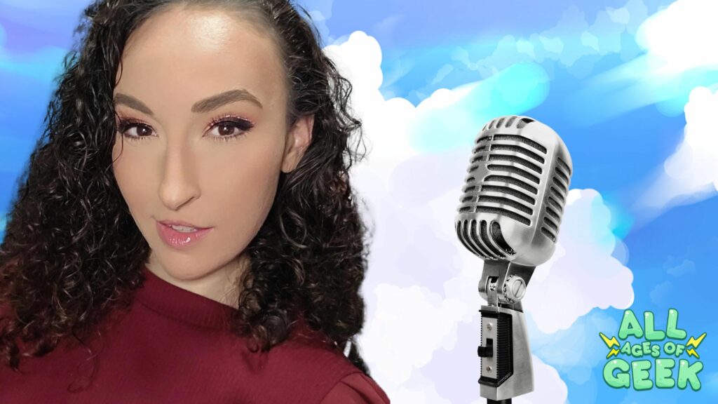 A photo of a woman with curly hair and subtle makeup, wearing a maroon top, is shown against a bright sky with white clouds. Next to her is a vintage silver microphone. The logo of "All Ages of Geek" is displayed at the bottom right corner.