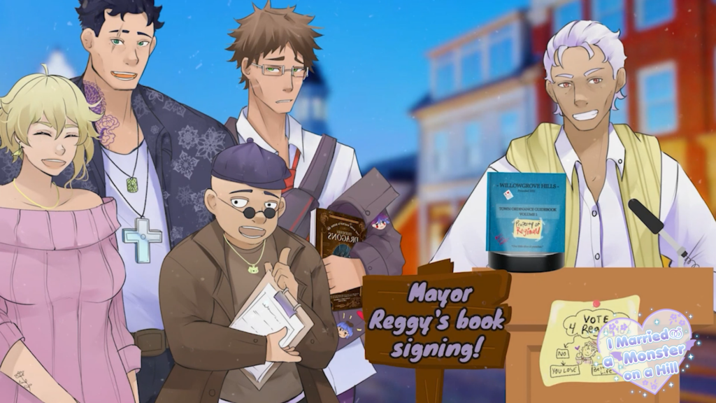 Still image of Reginald from "I Married a Monster on a Hill" presenting his Mayor Rule Book on a podium with a microphone. A crowd including Fuyuki, Logan, Patti and Grev stand beside him smiling together.