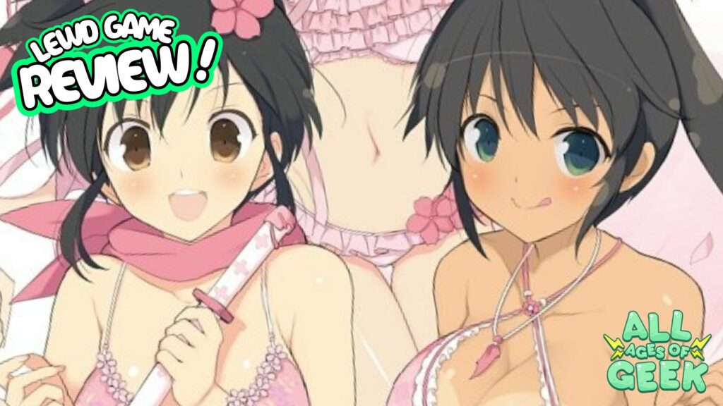 An illustration promoting a lewd game review titled 'Senran Kagura: Estival Versus.' The image features two anime-style characters wearing pink and white lingerie. One character has black hair and brown eyes, holding a pink sword, and the other character has black hair and green eyes, smiling mischievously. The background includes another character in pink lingerie. The text 'Lewd Game Review!' is displayed in bold white and green lettering on the top left, and the 'All Ages of Geek' logo is in the bottom right corner.