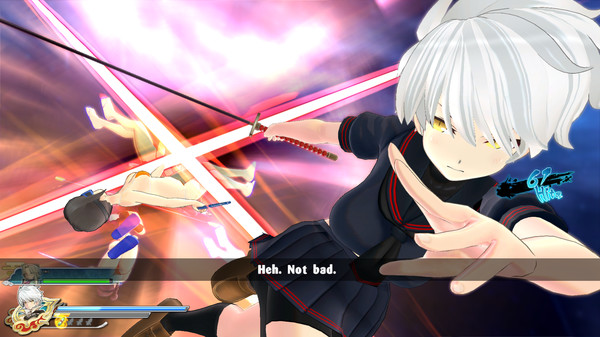 A gameplay screenshot from the game 'Senran Kagura: Estival Versus.' The image features an anime-style character with short white hair and yellow eyes, wearing a black and red outfit, in the middle of an action pose. She is holding a sword and pointing towards the screen. In the background, another character is seen falling after being struck. The scene is vibrant with glowing lines and effects. The dialogue at the bottom of the screen reads, 'Heh. Not bad.