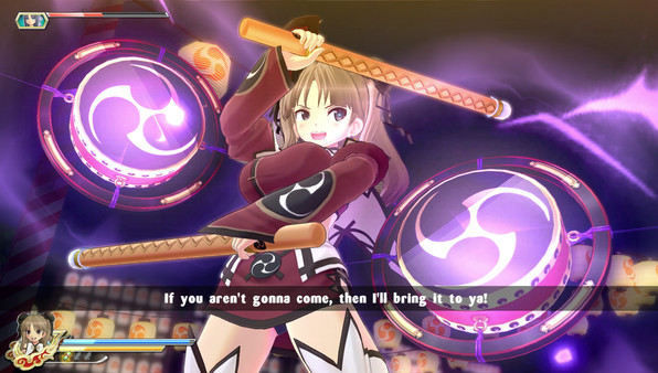 A gameplay screenshot from the game 'Senran Kagura: Estival Versus.' The image features an anime-style character in a dynamic action pose holding two wooden swords. She has brown hair and is wearing a red and black outfit with white accents. The background shows vibrant circular designs with purple hues and Japanese symbols. The dialogue at the bottom of the screen reads, 'If you aren't gonna come, then I'll bring it to ya!