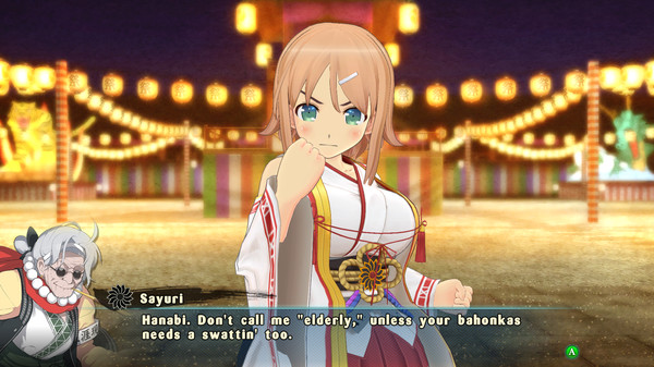 A scene from the game 'Senran Kagura: Estival Versus' featuring two characters in a festive setting with string lights and lanterns in the background. The main character in focus is Sayuri, a young woman with light brown hair, wearing a traditional Japanese outfit with white and red colors. She has a determined expression and her fist raised. In the background to the left is an elderly woman. The dialogue box at the bottom shows Sayuri saying, 'Hanabi. Don't call me "elderly," unless your bahonkas needs a swattin' too.