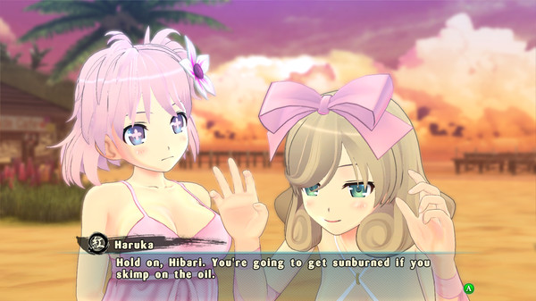 A scene from the game 'Senran Kagura: Estival Versus' featuring two anime-style characters on a beach at sunset. The character on the left has short pink hair and is wearing a pink bikini top with a flower accessory in her hair. The character on the right has long light brown hair with a large pink bow and is wearing a swimsuit. The dialogue box at the bottom shows the character named Haruka saying, 'Hold on, Hibari. You're going to get sunburned if you skimp on the oil.