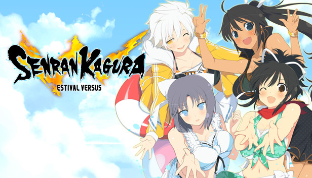 An illustration promoting the game 'Senran Kagura: Estival Versus.' The image features four anime-style characters in swimsuits posing together against a bright blue sky with fluffy clouds. The characters have different hair colors: white, black, gray, and black with brown highlights. The title 'Senran Kagura: Estival Versus' is displayed prominently on the left side with stylized black and yellow text.