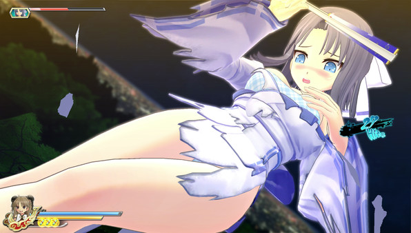 A gameplay screenshot from the game 'Senran Kagura: Estival Versus.' The image features an anime-style character with long brown hair and blue eyes, wearing a blue and white outfit. The character is falling backward with a surprised expression, and the shot emphasizes her thighs. The background is blurred, suggesting motion, and pieces of her outfit appear to be torn. The health and special move bars are visible on the screen.