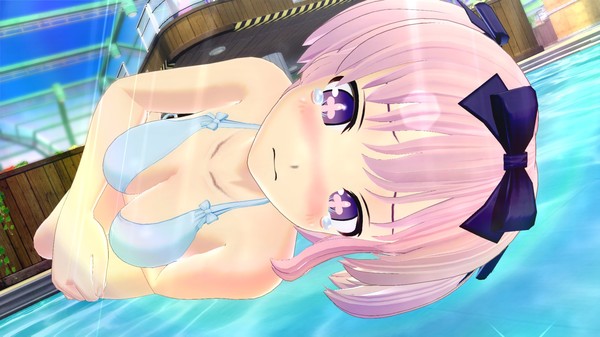 SENRAN KAGURA Peach Beach Splash girl character with pink hair laying down and staring at the player.