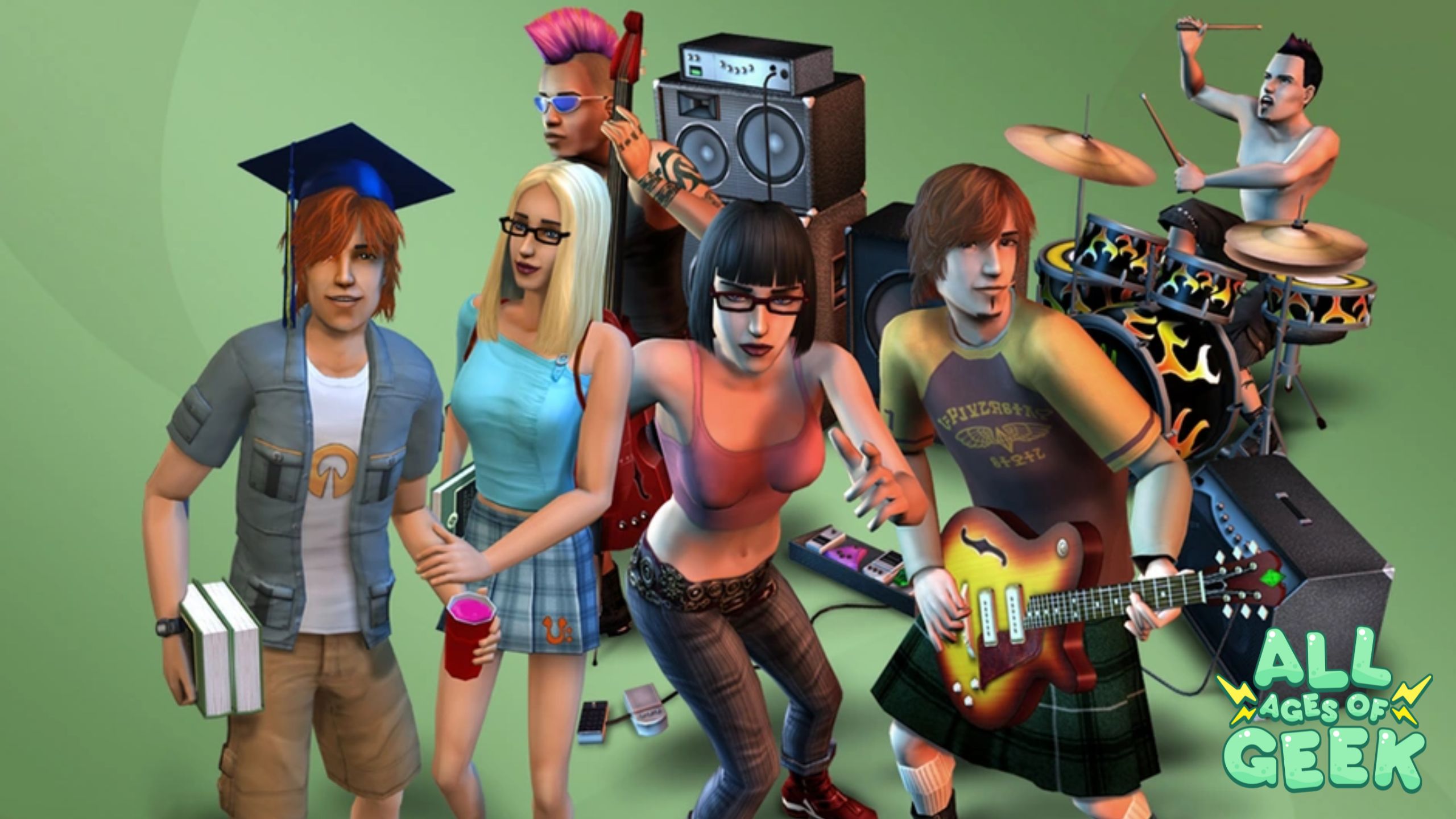 A group of Sims enjoying college life with music and festivities, featuring a graduate, a student holding a drink, and a band performing in the background. The All Ages of Geek logo is visible in the bottom right corner.