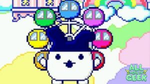 This image features a Tamagotchi character wearing a Ferris Wheel accessory on its back. The Ferris Wheel is colorful, with gondolas in blue, green, yellow, purple, pink, and red, giving the character a whimsical amusement park theme. The background is bright and cheerful with pastel colors and clouds, adding to the playful atmosphere. The All Ages of Geek logo is placed in the bottom right corner.