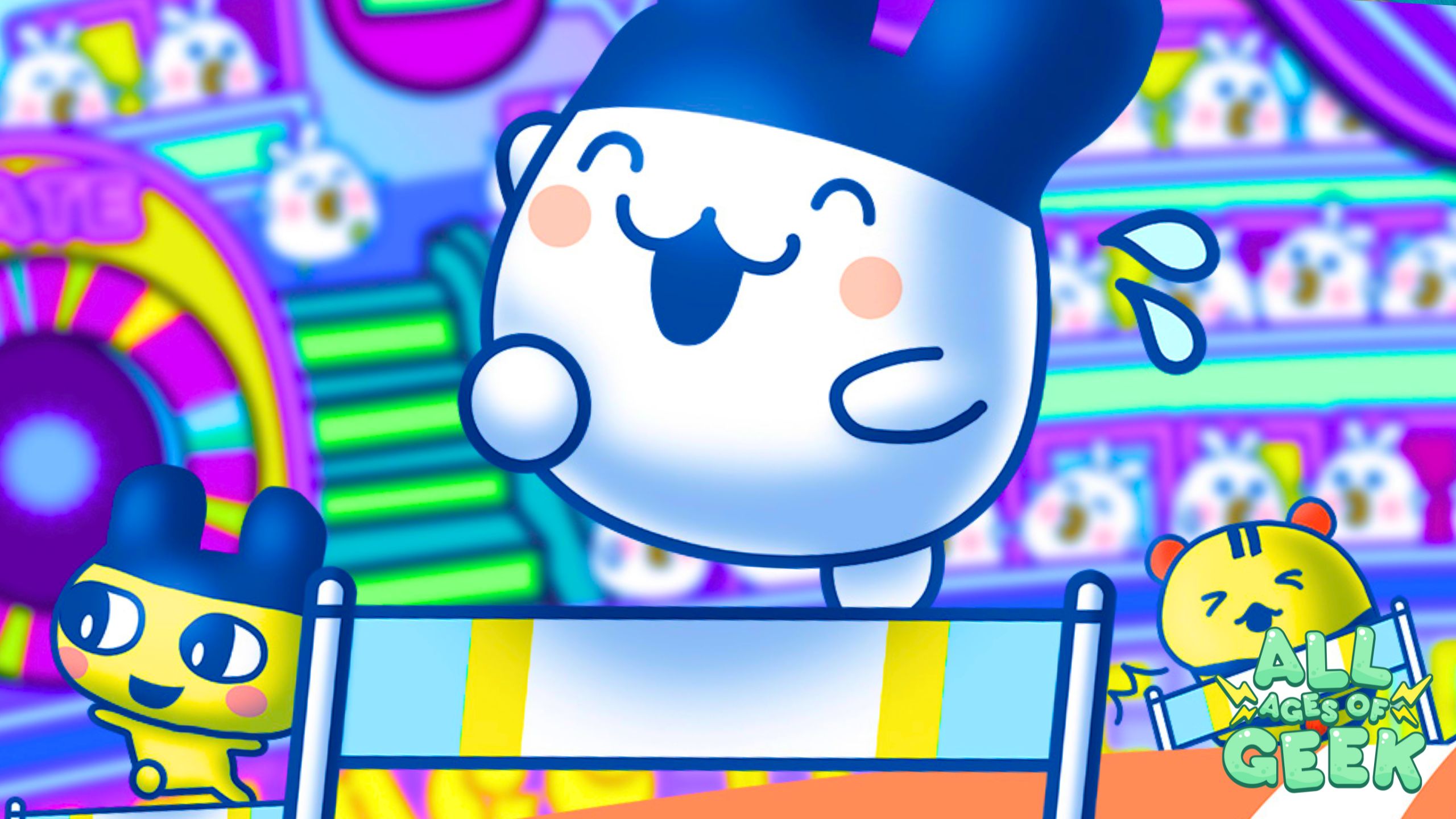 Colorful scene at Tama Arena featuring three cheerful Tamagotchis. The center character is jumping a hurdle, looking excited with a big smile. On the left, another Tamagotchi is preparing to jump over a hurdle, while on the right, a third Tamagotchi is also jumping. The background is vibrant with neon colors and cheering crowds. The 'All Ages of Geek' logo is visible in the bottom right corner.
