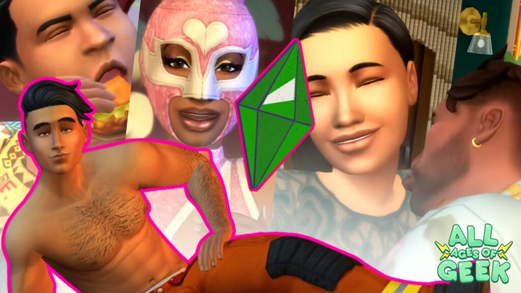 A collage of Sims characters from The Sims 4: Lovestruck expansion pack. The image features various Sims engaging in different activities: a shirtless male Sim posing, a Sim wearing a pink luchador mask, a Sim laughing, and a couple sharing a kiss. The iconic green plumbob from The Sims series is prominently displayed in the center. The All Ages of Geek logo is at the bottom right corner.