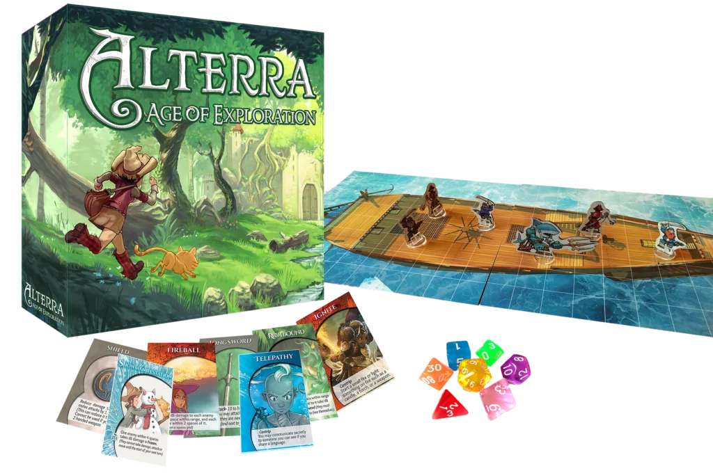 Box and components of "Alterra Age of Exploration" tabletop game, including detailed maps, character standees, colorful cards, and a set of multi-sided dice. The game cover features an adventurer and a cat in a lush, fantastical forest, capturing the spirit of exploration and adventure.