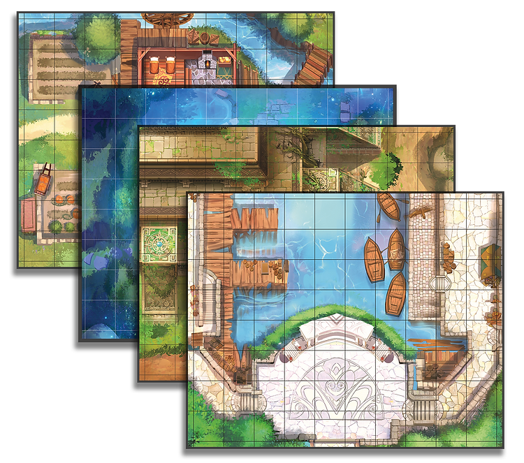 A set of four detailed tabletop RPG maps from the "Alterra Age of Exploration" series, featuring various environments such as a river with boats, a lush forest, a mystical night scene, and an ancient temple. Each map is gridded for gameplay, showcasing vibrant and immersive artwork suitable for enhancing tabletop role-playing adventures.