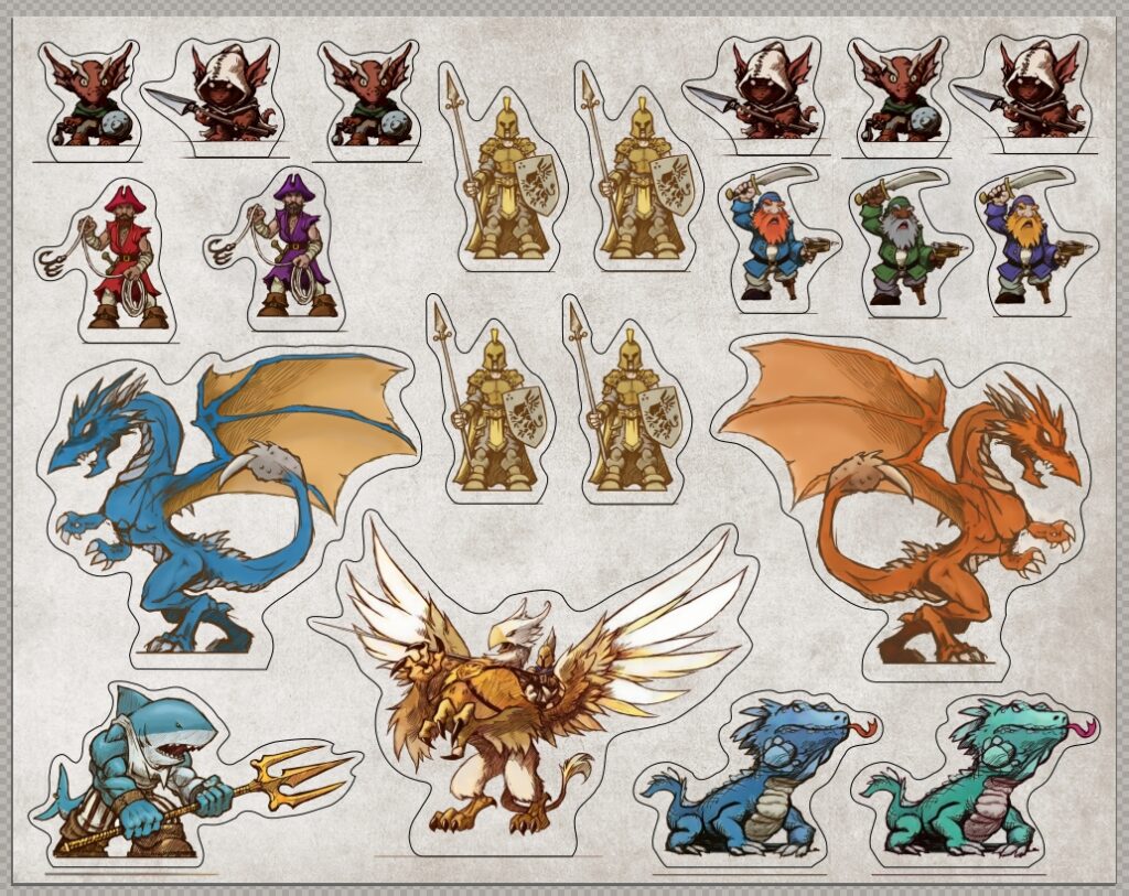 Character punch-out sheet from the "Alterra Age of Exploration" tabletop game, featuring various detailed figures including goblins, knights, dwarves, dragons, a griffin, and a shark warrior. Each character is colorfully illustrated and designed for use as standees in the game, enhancing the visual and immersive experience of gameplay.