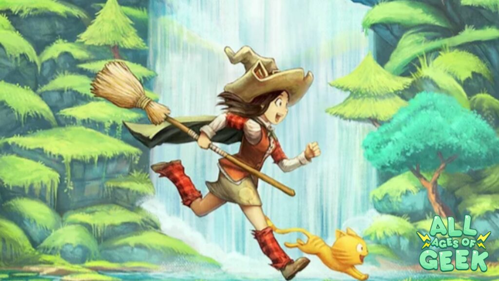 Illustration from "Alterra Age of Exploration" showing a young adventurer in a hat running alongside a cheerful orange cat in a lush forest with a waterfall in the background. The scene captures the spirit of adventure and excitement in a vibrant, fantastical setting. The "All Ages of Geek" logo is visible in the bottom right corner.
