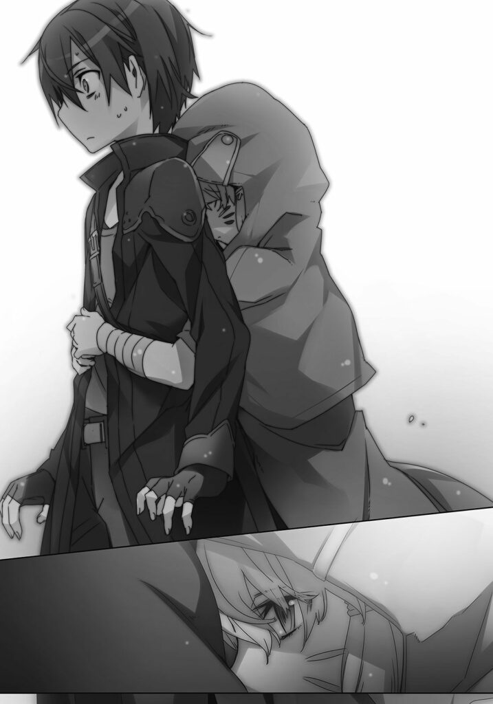 Black and white illustration from the "Sword Art Online" light novel depicting an emotional scene where Asuna hugs Kirito from behind. Asuna, wrapped in a cloak, clings to Kirito with a pained expression, while Kirito appears surprised and slightly distressed. The artwork captures a poignant moment of comfort and vulnerability between the two characters.