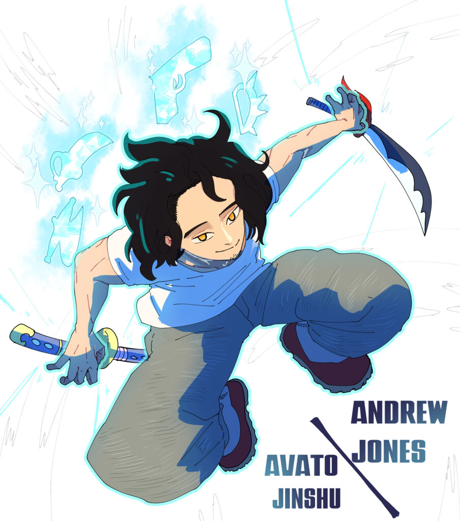 Character artwork for 'My Friends are my Strength' TTRPG featuring Andrew Jones / Avato Jinshu. The character is depicted in a dynamic, mid-air action pose, with flowing black hair and a focused expression. He wields a katana in one hand, with mystical blue energy forming various weapons around him. He is dressed in a blue shirt and baggy pants. The background is minimalist with light abstract elements, and the character's name and alter ego are displayed in bold, blue text.