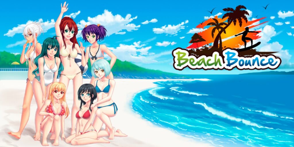 An illustration promoting the lewd game 'Beach Bounce.' The image features a group of anime-style characters in bikinis posing on a beach. The background shows a clear blue sky with a few clouds, a lush green landscape, and the ocean with gentle waves. The title 'Beach Bounce' is displayed prominently on the right side with a logo featuring a silhouette of a surfer against a sunset and palm trees.