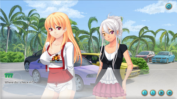 A scene from the lewd game 'Beach Bounce' featuring two anime-style characters standing in a parking lot with palm trees in the background. The character on the left has long blonde hair and is wearing a white and red top with white shorts. The character on the right has white hair tied up and is wearing a black top with a white undershirt and a pink skirt. A dialogue box at the bottom shows a question mark indicating an unknown character speaking, with the text 'Where do I check in?