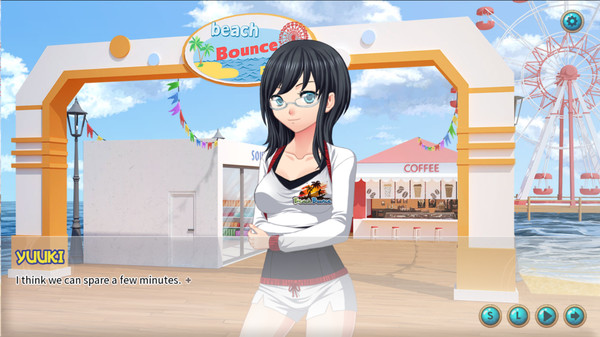 A scene from the lewd game 'Beach Bounce' featuring an anime-style character named Yuuki standing in front of an entrance gate to 'Beach Bounce.' The character has long black hair, glasses, and is wearing a white and black top with white shorts. The background shows the entrance gate decorated with a sign, a ferris wheel, and a coffee shop. The dialogue box at the bottom shows Yuuki saying, 'I think we can spare a few minutes.