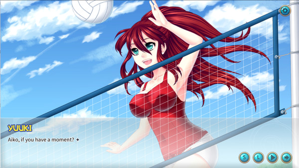 A scene from the lewd game 'Beach Bounce' featuring an anime-style character with long red hair playing volleyball. The character is wearing a red top and white shorts, jumping to hit the ball over the net. The background shows a clear blue sky with a few clouds. The dialogue box at the bottom shows the character named Yuuki saying, 'Aiko, if you have a moment?