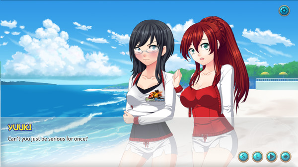 A scene from the lewd game 'Beach Bounce' featuring two anime-style characters standing on a beach. The character on the left has long black hair, glasses, and is wearing a white and black top with white shorts. The character on the right has long red hair and is wearing a red top with white sleeves and white shorts. They are standing in front of a scenic beach background with blue skies and clouds. A dialogue box at the bottom shows the character named Yuuki saying, 'Can't you just be serious for once?