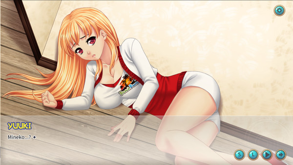 A scene from the lewd game 'Beach Bounce' featuring an anime-style character with long blonde hair lying on the floor. The character is wearing a white and red top with white shorts and has a concerned expression. The background shows a wooden floor and a light-colored wall. The dialogue box at the bottom shows the character named Yuuki saying, 'Mineko...?