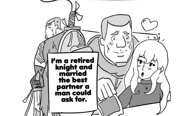 A black and white comic-style scene from 'I Married a Monster on a Hill,' featuring characters Bevvy and August. Bevvy, a retired knight, is shown with a content expression next to his partner, August, who appears happy with a heart symbol above her head. In the background, Bevvy is depicted in his knight armor, looking serious and composed. A text box in the foreground reads, 'I'm a retired knight and married the best partner a man could ask for.' The scene conveys a sense of fulfillment and love between the characters. Featured for the How to Write Relatable Characters lesson.