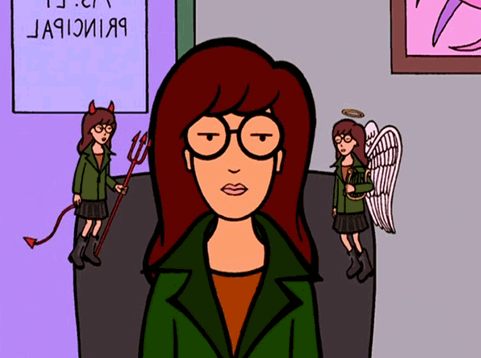 An animated scene featuring Daria Morgendorffer, the main character from the show 'Daria.' She is depicted with her characteristic deadpan expression, wearing a green jacket and glasses. On her left shoulder sits a miniature version of herself dressed as a devil with a red pitchfork, while on her right shoulder is another miniature version of herself dressed as an angel with wings and a halo. The background shows a school setting with a partially visible sign that reads 'PRINCIPAL.