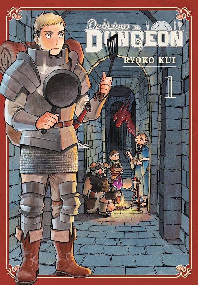 Cover of "Delicious in Dungeon" Volume 1 by Ryoko Kui. The cover features a group of adventurers in a medieval dungeon setting. The central character, a blonde-haired warrior in armor, stands in the foreground holding a frying pan and spatula, with a determined look on his face. He has a backpack and other cooking utensils strapped to him. Behind him, deeper in the dungeon corridor, other characters are seen: a dwarf sitting by a cooking pot over a fire, a female elf holding a piece of food on a skewer, and another adventurer in the background interacting with a small dragon. The dungeon walls are made of stone, and the scene is lit warmly by the fire. The title "Delicious in Dungeon" is displayed at the top, with the author's name, Ryoko Kui, beneath it. The overall style is colorful and detailed, reflecting the manga's blend of adventure and culinary themes.