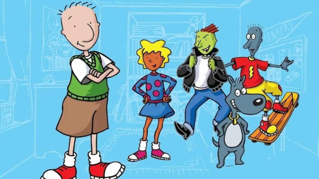 An animated scene featuring characters from the show 'Doug.' From left to right, the characters are Doug Funnie, who stands with arms crossed, wearing a green sweater vest, white shirt, and brown shorts; Patti Mayonnaise, with blond hair, wearing a blue dress with pink polka dots; Skeeter Valentine, with blue skin and a red shirt with a yellow lightning bolt; and Roger Klotz, with green skin, red hair, and a black leather jacket. Doug's dog, Porkchop, is also present, standing on a skateboard. The background is a light blue outline of a room with various details.