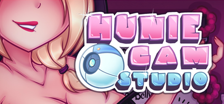 "Cover image for HunieCam Studio, featuring the game's title in stylized text with a webcam icon, and part of a blonde character's face and shoulder visible on the left side."