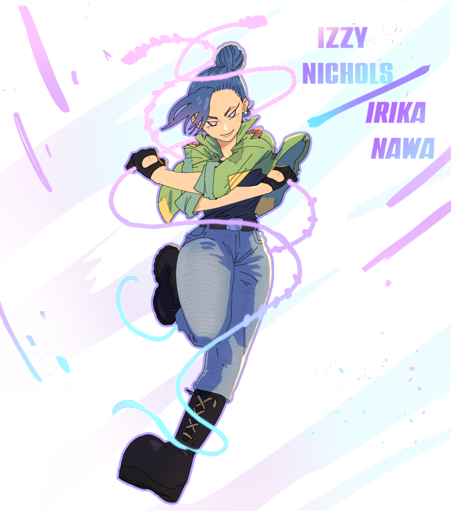 Character artwork for 'My Friends are my Strength' TTRPG featuring Izzy Nichols / Irika Nawa. The character is shown in an energetic pose, with blue hair tied in a bun, wearing a green jacket, blue jeans, and black boots. Colorful, swirling lines of purple and blue surround her, highlighting her dynamic nature. The background is light with abstract pastel elements, and the character's name and alter ego are displayed in bold, colorful text.