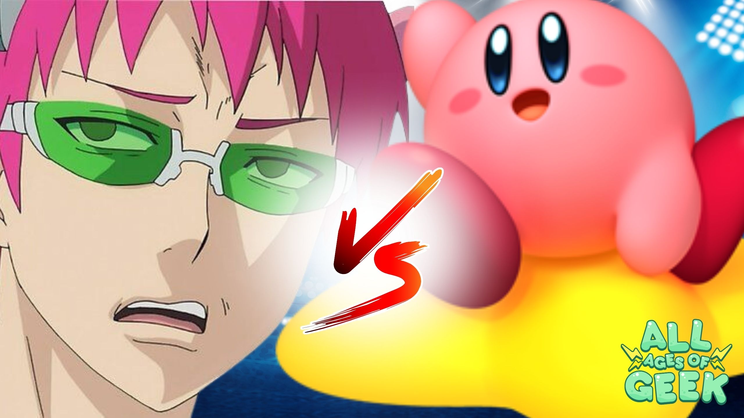 Kirby vs. Saiki K showdown image featuring Saiki K with his signature green-tinted glasses on the left and Kirby, the pink puffball, on the right. The 'VS' symbol is prominently displayed in the center. The All Ages of Geek logo is visible in the bottom right corner