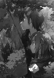 Black and white illustration of Kirito and Asuna from "Sword Art Online" standing together in a forest. Kirito looks determined while Asuna gazes ahead, both surrounded by dense foliage, creating a serene yet adventurous atmosphere.