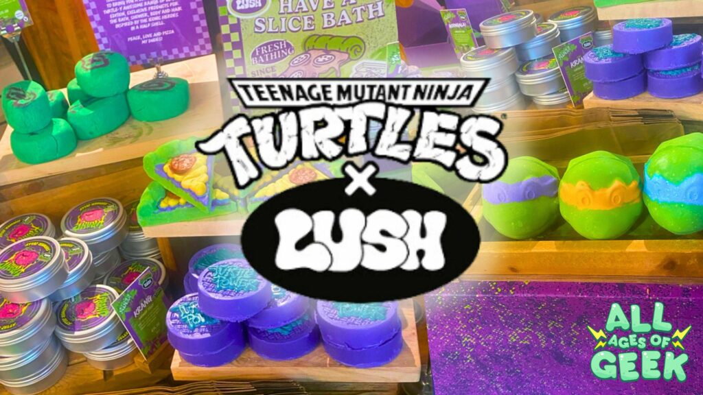 A vibrant display of the Lush x Teenage Mutant Ninja Turtles collaboration products. The image showcases green bubble bars with the TMNT logo, purple body scrubs, Krang shower jellies in tins, and bath bombs designed to resemble the four ninja turtles' masks. A pizza-shaped soap is also visible. The display is colorful and neatly organized with the Teenage Mutant Ninja Turtles and Lush logos prominently overlaid in the center. The All Ages of Geek logo is in the bottom right corner.