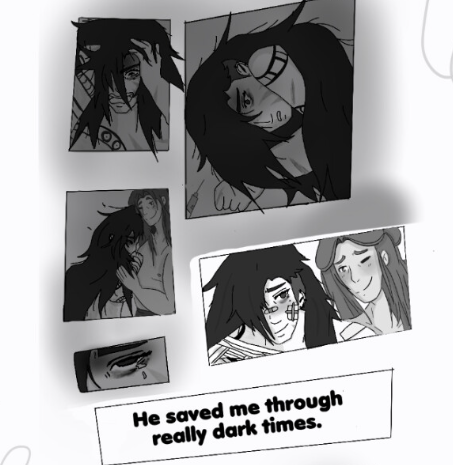 A black and white comic-style collage from 'I Married a Monster on a Hill,' featuring various emotional scenes with characters in distress and comfort. The images depict a character with long, dark hair in different moments of anguish and solace, including one panel where he is being comforted by another character. Below the collage, a caption reads, 'He saved me through really dark times.' The overall tone of the collage is reflective and poignant, emphasizing themes of support and resilience.