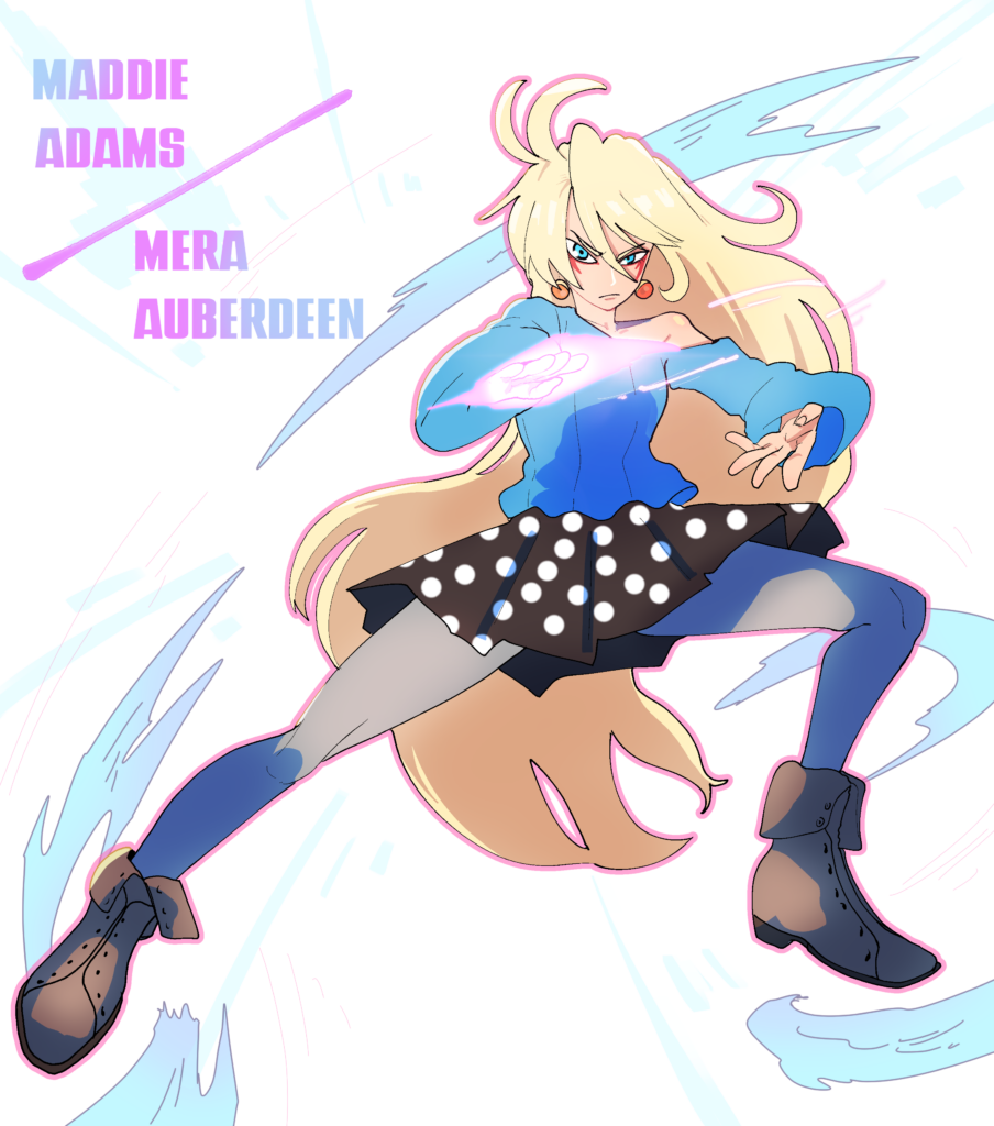 Character artwork for 'My Friends are my Strength' TTRPG featuring Maddie Adams / Mera Auberdeen. The character is depicted in a dynamic action pose, with long blonde hair, wearing a blue top and a black skirt with white polka dots. She has a determined expression and is surrounded by swirling blue and pink energy effects. The background is minimalist with light abstract elements, and the character's name and alter ego are displayed in bold, colorful text.