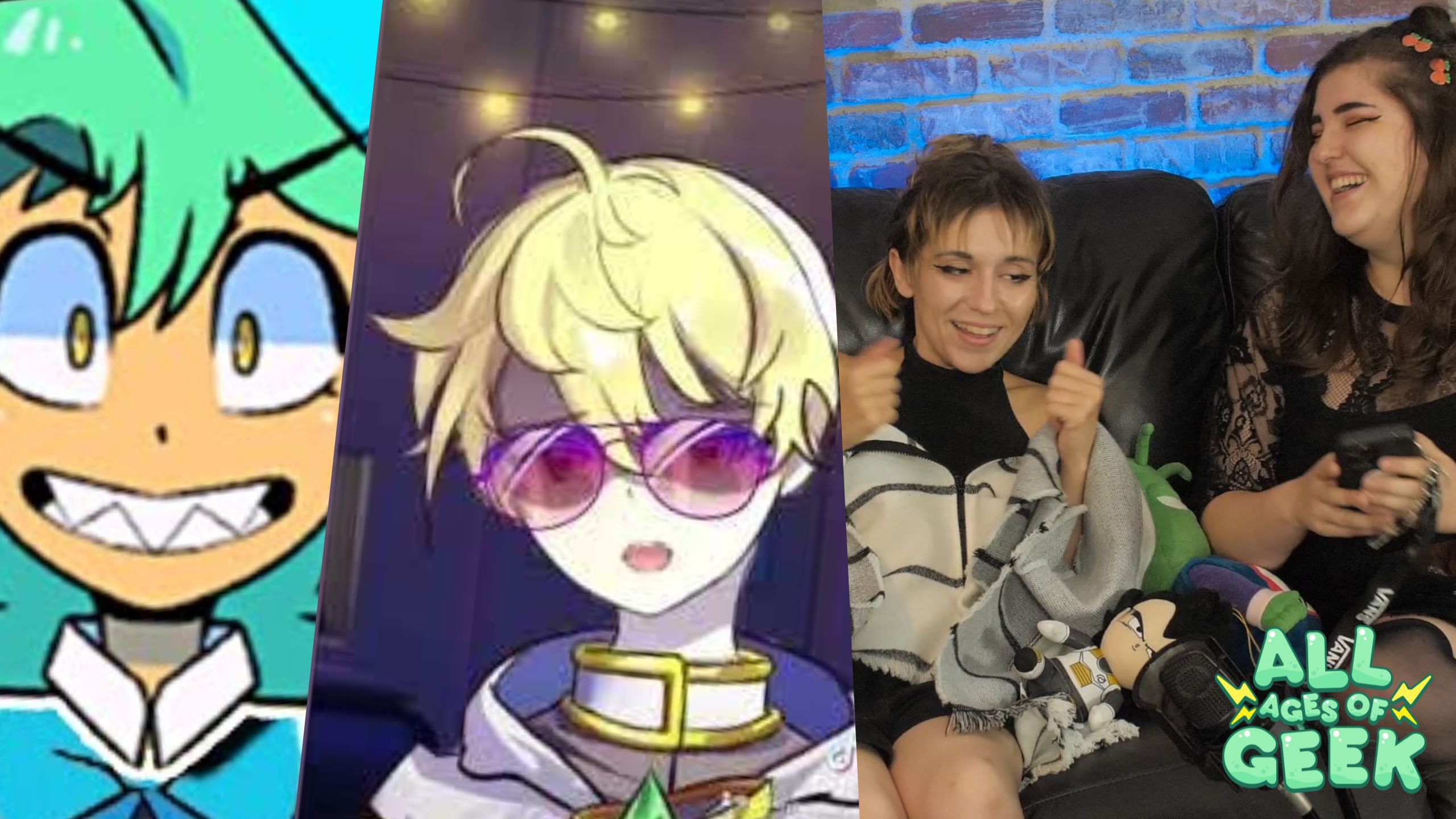 The image features a collage divided into three sections. On the left, a cartoon character with bright turquoise hair grins widely, wearing a blue and white outfit. The middle section showcases an anime-style character with blond hair, donning purple sunglasses and a white and gold ensemble. On the right, two individuals are seated on a couch; the person on the left, with short brown hair, smiles and gives a thumbs up, while the person on the right, with long brown hair, laughs and looks at their phone. The couch is adorned with various plush toys, and the "All Ages of Geek" logo is displayed in the bottom right corner.