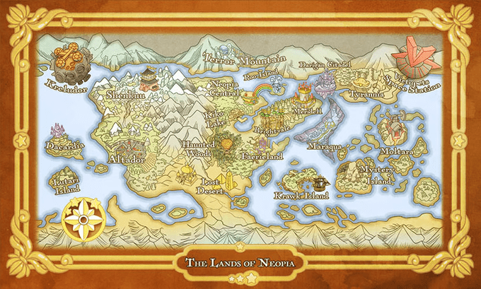 Detailed fantasy map titled 'The Lands of Neopia,' featuring various regions and landmarks including Kreludor, Shenkuu, Altador, Terror Mountain, Faerieland, and more. The map is framed with an ornate border and includes a compass rose, highlighting the diverse and whimsical geography of Neopia. From the Neopets TTRPG.