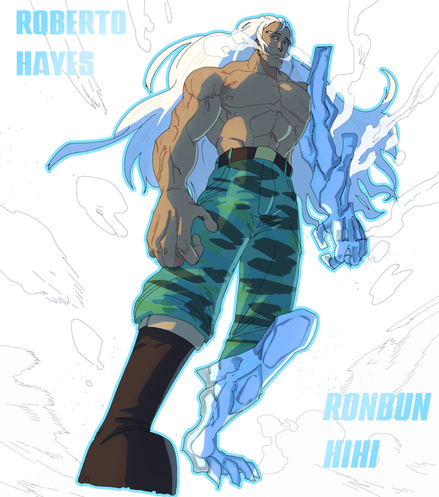 Character artwork for 'My Friends are my Strength' TTRPG featuring Roberto Hayes / Ronbun Hihi. The character is depicted in a powerful stance with long white hair, wearing camouflage pants and a belt. His right arm and leg are transformed into crystalline blue limbs, showcasing his unique abilities. The background is minimalist with subtle outlines, and the character's name and alter ego are displayed in bold blue text.