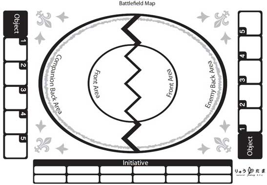 "A black-and-white diagram of a battlefield map used in the Ryuutama tabletop RPG. The map is oval-shaped and divided into various areas: Companion Back Area, Front Area, Enemy Back Area, and an Initiative track at the bottom. The front areas are separated by a jagged line, indicating the division between the companions and enemies. There are object slots numbered 1 to 5 on both sides of the map, which likely represent different elements or items used during the game."