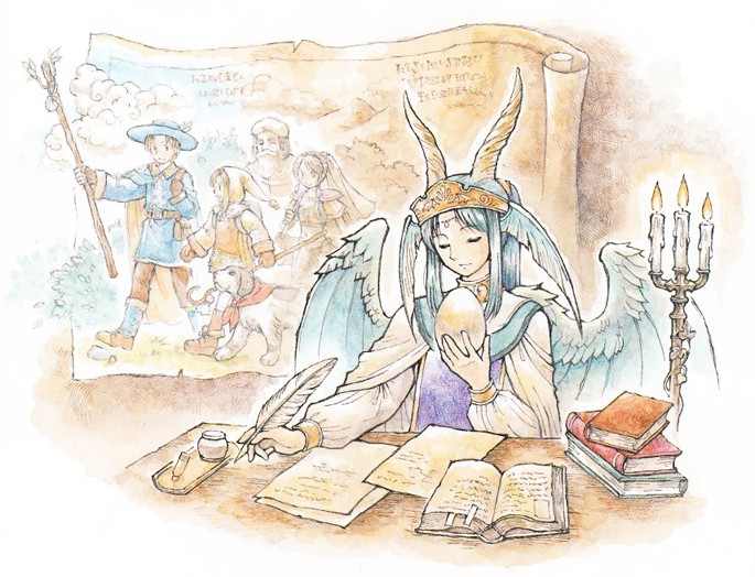 "A detailed illustration from Ryuutama featuring a serene Ryuujin character with wings and antlers, writing with a quill at a desk. The Ryuujin is holding a dragon egg, surrounded by books and a lit candelabra, with a background scroll depicting adventurers on a journey."