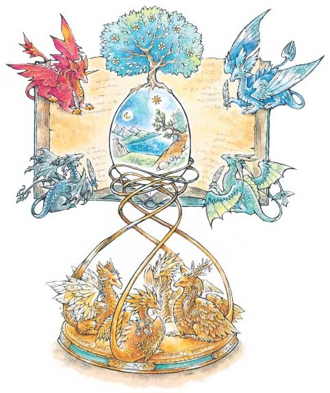 "A vibrant, colorful illustration featuring a gathering of dragons around a central, intricate structure. The scene includes red, blue, green, and black dragons, each representing different elements. At the top, an ancient tree grows, symbolizing life and wisdom, while an ornate hourglass with golden phoenixes sits at the bottom, depicting the passage of time and rebirth. The background showcases a serene landscape, blending seamlessly with the fantasy elements, creating a harmonious and enchanting tableau."