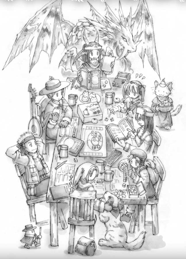 "A detailed black-and-white illustration of a group of adventurers playing a tabletop role-playing game. The adventurers, including a variety of characters like a bard with a lute, a wizard, and a knight, are gathered around a table filled with game books, character sheets, and dice. A large dragon hovers in the background, and a dog sits near the table, interacting with one of the characters. The scene captures the lively and imaginative atmosphere of a fantasy RPG session."