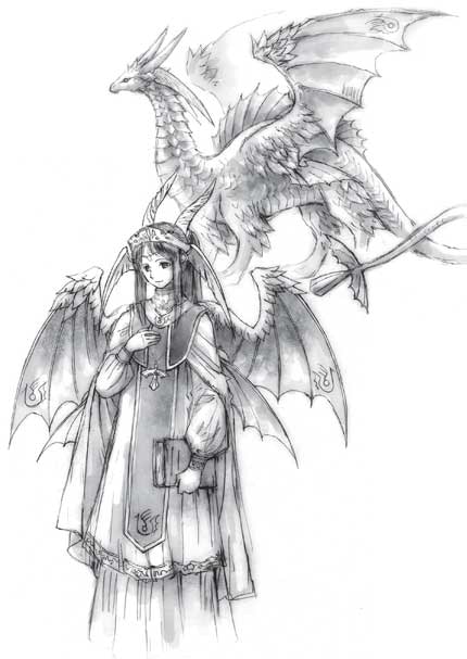 "A black-and-white illustration of a serene and composed character with dragon wings, holding a book. Behind them, a majestic dragon hovers with outstretched wings. The character is dressed in elaborate, medieval-inspired robes, adorned with intricate patterns and a cross. The image conveys a sense of fantasy and mysticism, emphasizing the close bond between the character and the dragon."