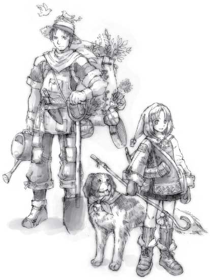 "A detailed black-and-white illustration featuring two travelers and a dog. The male traveler is tall, wearing a hat and carrying a large backpack filled with supplies and plants. The female traveler, shorter in stature, holds a staff and is dressed warmly with a hood. The loyal dog, standing beside them, wears a scarf and appears ready for the journey. The image exudes a sense of adventure and camaraderie."